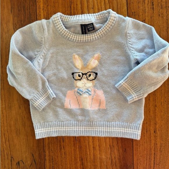 Janie and Jack Light Blue Sweater with Bunny Design Cotton Crewneck / 6-12 month - Picture 1 of 8